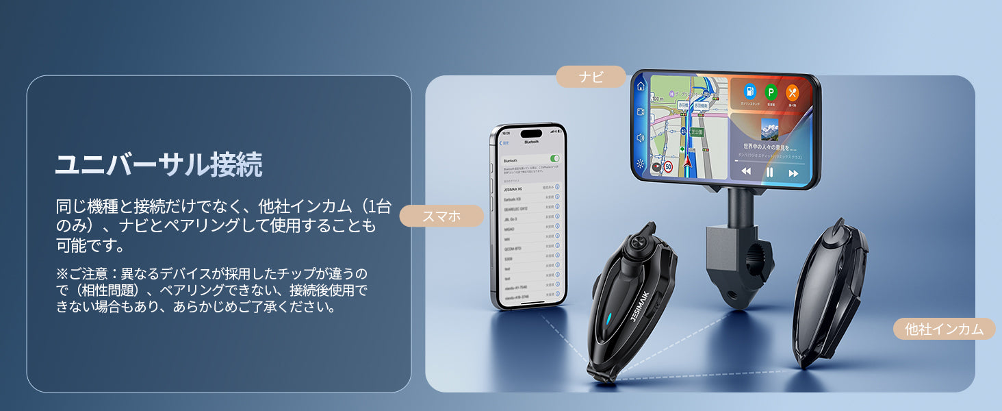 スマホ・ナビ・他社インカムとも接続可能