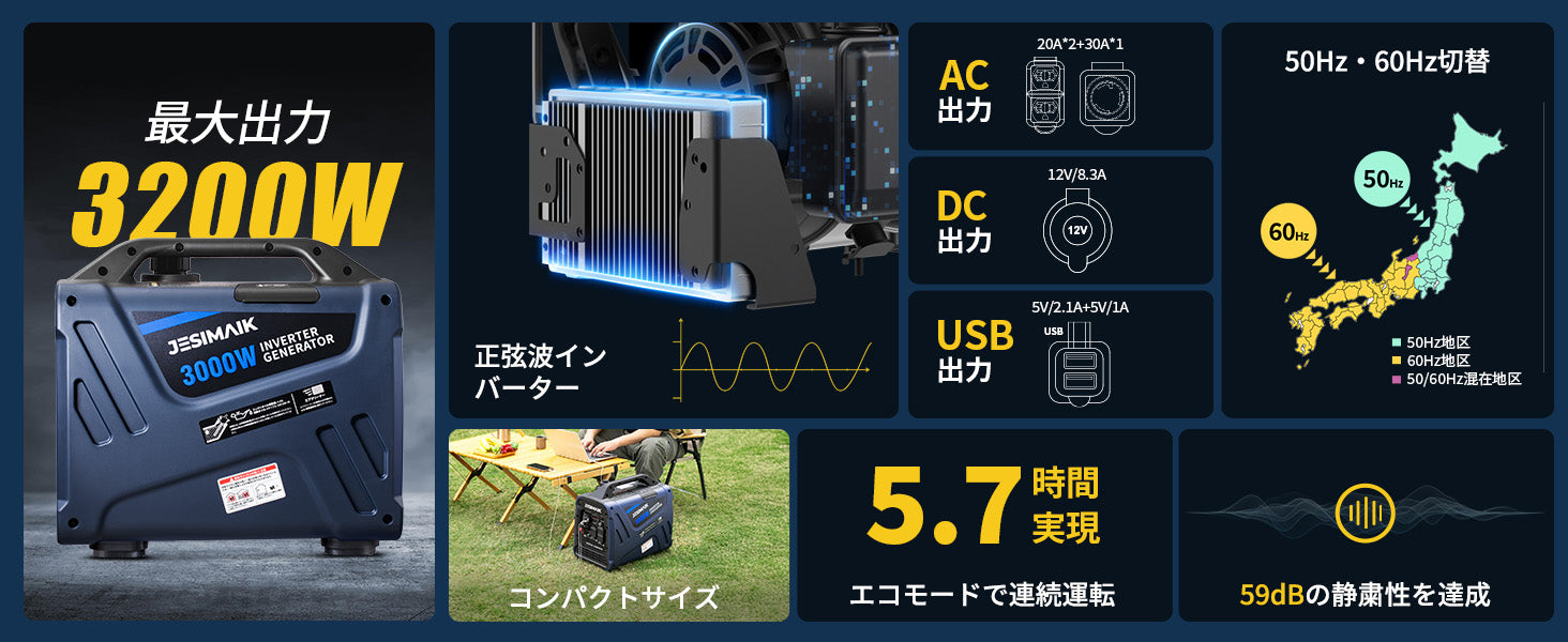 インバーター発電機 3000W JM3000Xi | 軽量23kg 静音59dB 並列運転対応