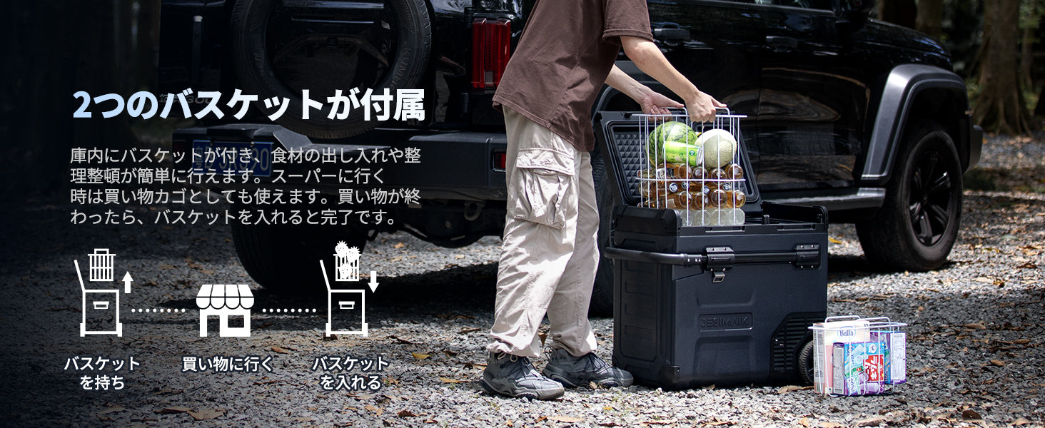 2つのバスケット付きで、出し入れも持ち運びもスムーズ