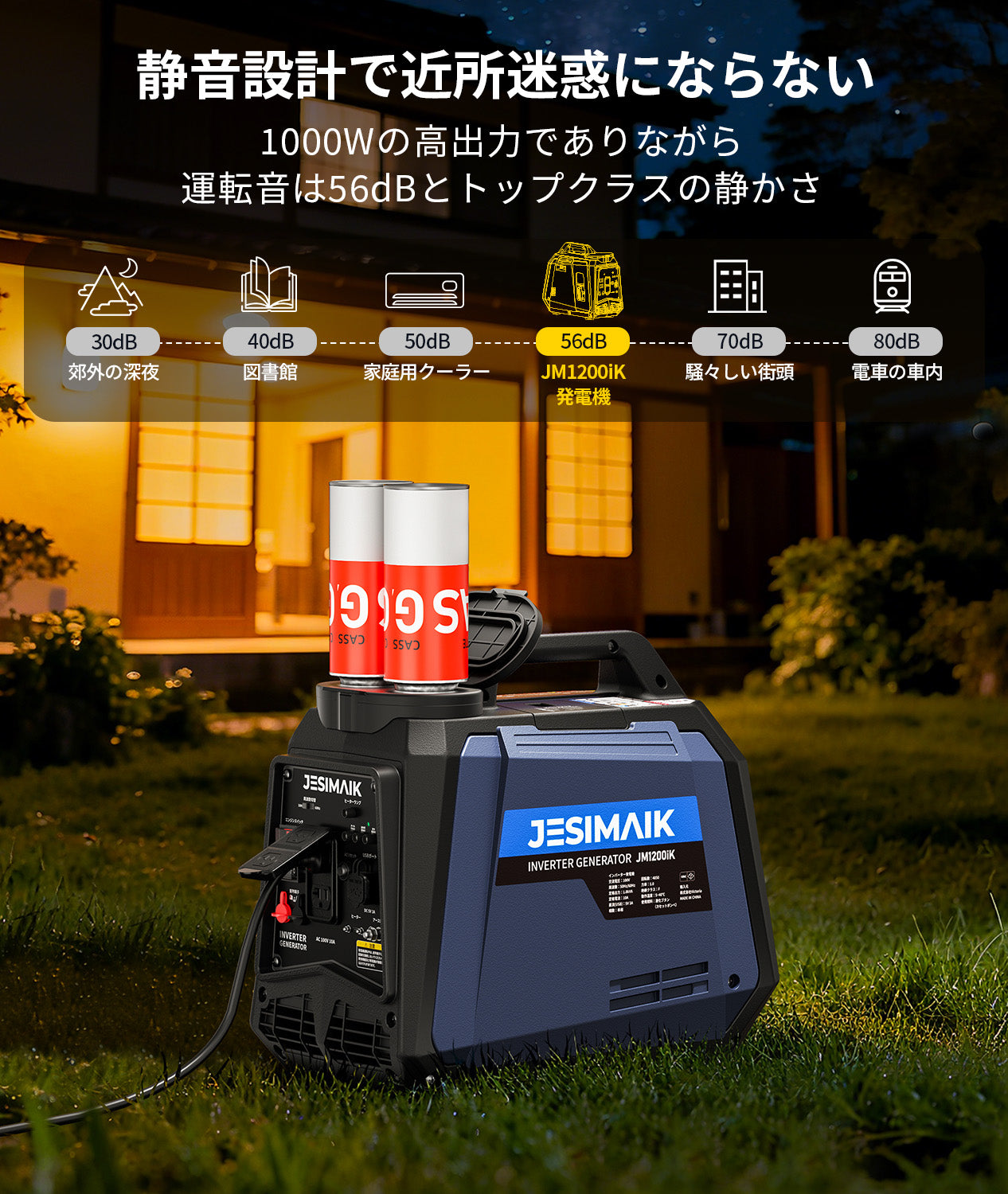 カセットボンベ式インバーター発電機 1200W JM1200iK | 静音56dB 軽量