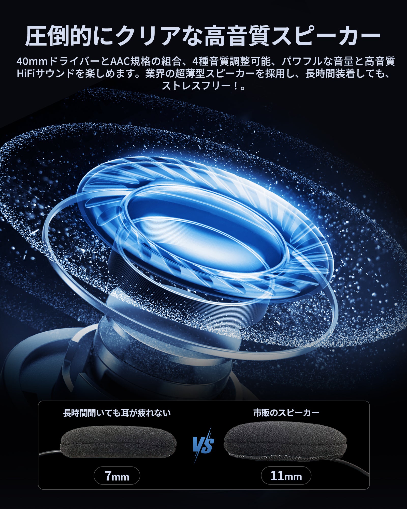 40mm高音質スピーカーで、クリアなサウンドを実現